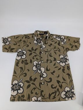 Faded Glory Boys XL 16/18 Hibiscus Aloha Shirt Olive Green Floral Hawaiian Beach